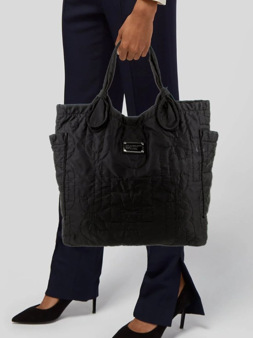 Marc by Marc Jacobs Black Quilted Nylon Tote Bag Knotted Handles Large Shoulder
